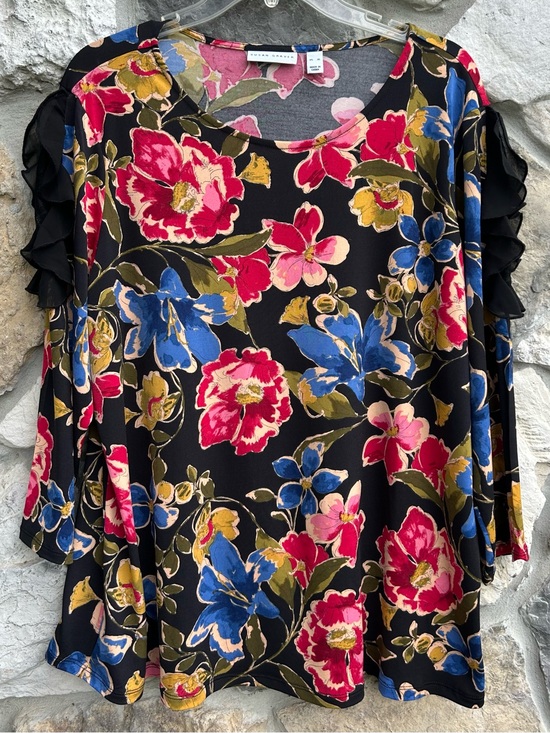 Susan Graver Tops - Susan Graver Liquid Knit Blouse Top Size XL Colorful Floral Ruffle Feminine